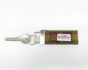 Scottish Harris Tweed® key fob in olive red & gold check | Tweed New Home keychain | Tweed Housewarming keyring