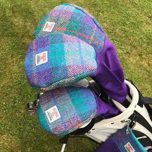 A Single Purple Blue Green Harris Tweed® Golf Head Cover | Scottish Tweed Golf Driver Cover | Tweed Fairway Wood Club | Plaid Golfers Gift
