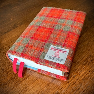 Harris Tweed® Bible Covers Scottish Tweed check tartan Bible dust cover Plaid Tweed Holy Book Protector orange, red & green