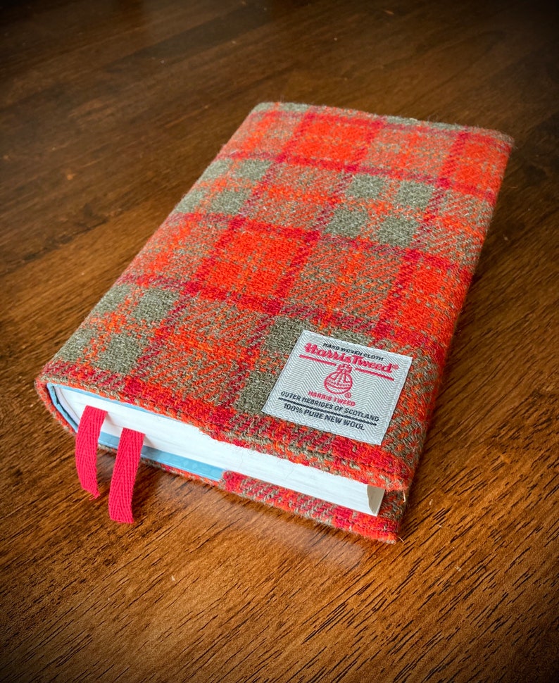 Harris Tweed® Bible Covers Scottish Tweed check tartan Bible dust cover Plaid Tweed Holy Book Protector orange, red & green