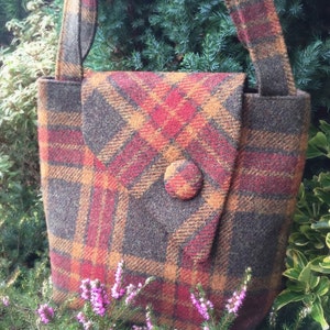 Scottish Harris Tweed® Asymmetric Tote in olive, gold & red check Plaid Tweed Tote Bag Tartan Tweed Tote Bag Check Tweed Shoulder Bag image 2