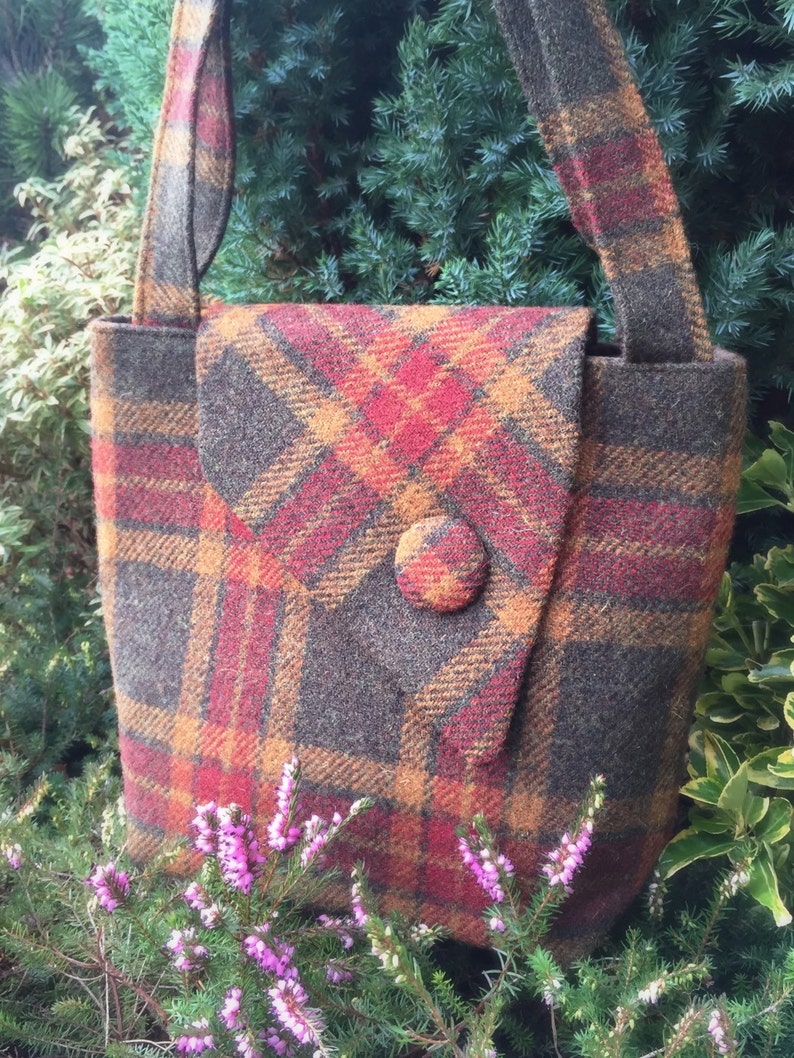 Scottish Harris Tweed® Asymmetric Tote in olive, gold & red check Plaid Tweed Tote Bag Tartan Tweed Tote Bag Check Tweed Shoulder Bag image 2