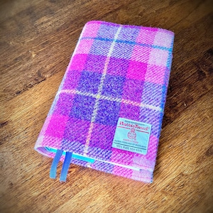 Harris Tweed® Bible Covers Scottish Tweed check tartan Bible dust cover Plaid Tweed Holy Book Protector pink & purple check