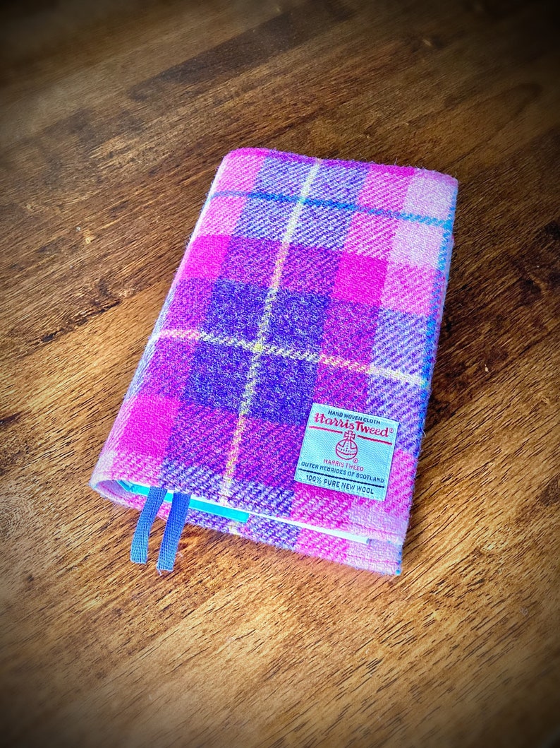 Harris Tweed® Bible Covers Scottish Tweed check tartan Bible dust cover Plaid Tweed Holy Book Protector pink & purple check