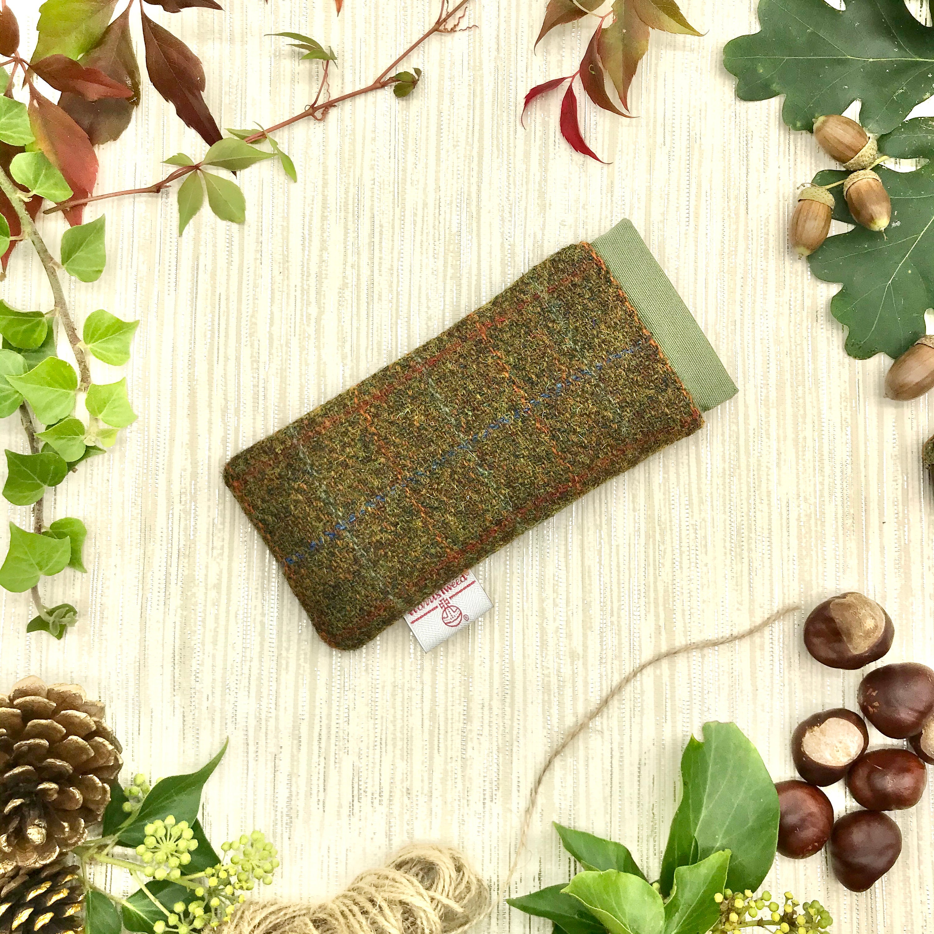 Scottish Harris Tweed® Glasses Case Flexi Top in Olive | Tweed Spectacle Sleeve | Harris Tweed® Sunglasses Case | Safe Secure & Protected - Thumbnail 2