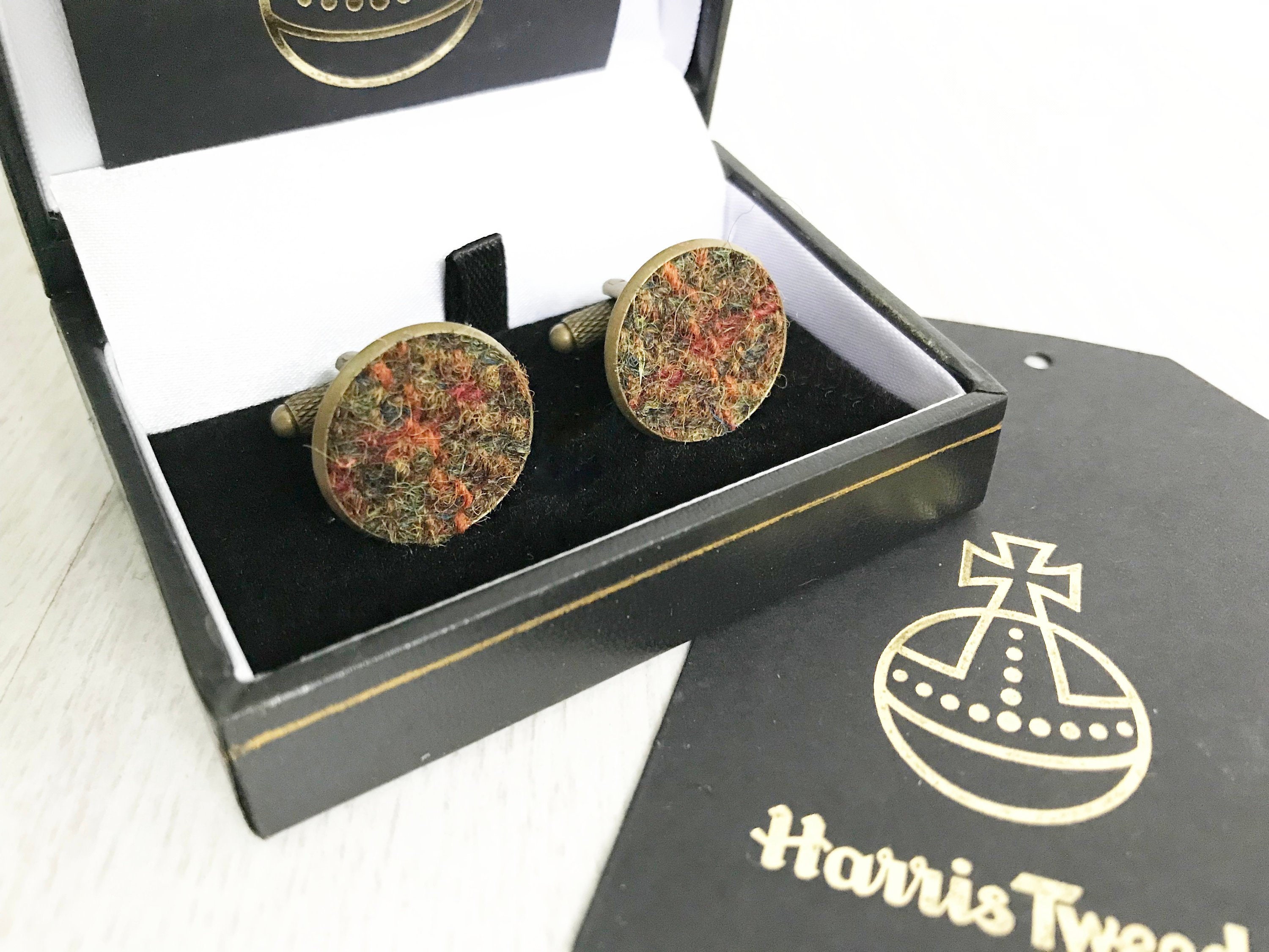 Flecked Olive, with terracotta Harris Tweed® cufflinks in bronze tone | Wedding Cuff links | Best Man Gift | Wedding Favours