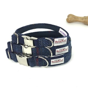 Scottish Harris Tweed® Adjustable Dog Collar navy blue check Plaid Dog collar with metal clasp Tartan dog collar Dog lovers gift image 2