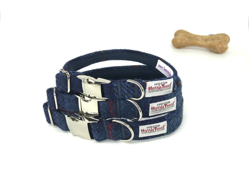 Scottish Harris Tweed® Adjustable Dog Collar navy blue check Plaid Dog collar with metal clasp Tartan dog collar Dog lovers gift image 2