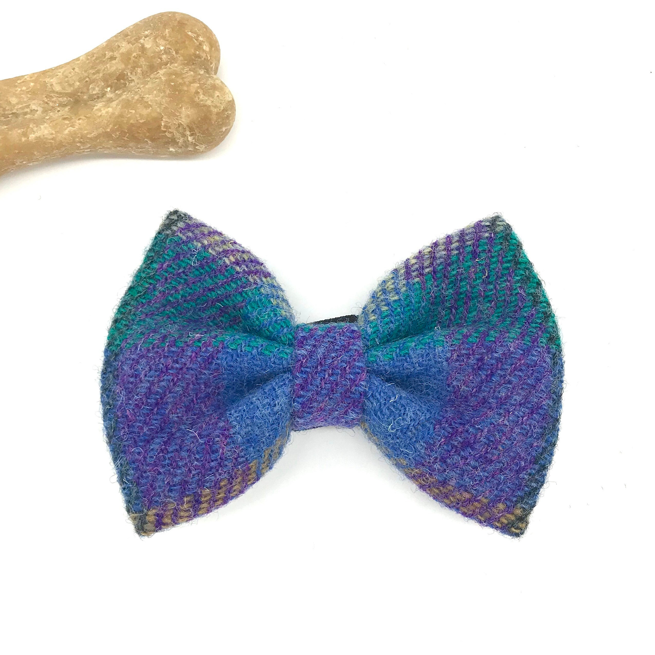 Harris Tweed® Bow Ties for Dog Collars in purple green blue check | Scottish Tweed Dickie Bows for Dogs - Thumbnail 2
