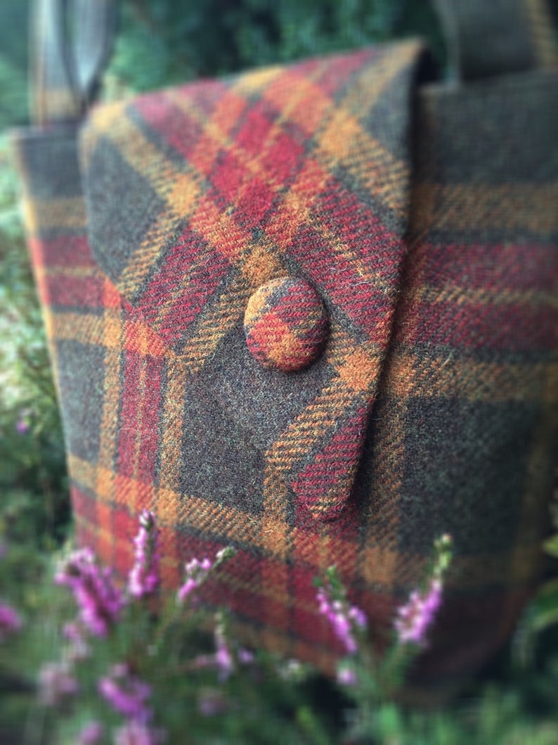 Scottish Harris Tweed® Asymmetric Tote in olive, gold & red check Plaid Tweed Tote Bag Tartan Tweed Tote Bag Check Tweed Shoulder Bag image 3