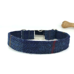 Scottish Harris Tweed® Adjustable Dog Collar navy blue check Plaid Dog collar with metal clasp Tartan dog collar Dog lovers gift image 3