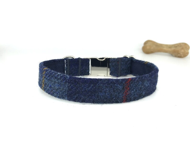 Scottish Harris Tweed® Adjustable Dog Collar navy blue check Plaid Dog collar with metal clasp Tartan dog collar Dog lovers gift image 3