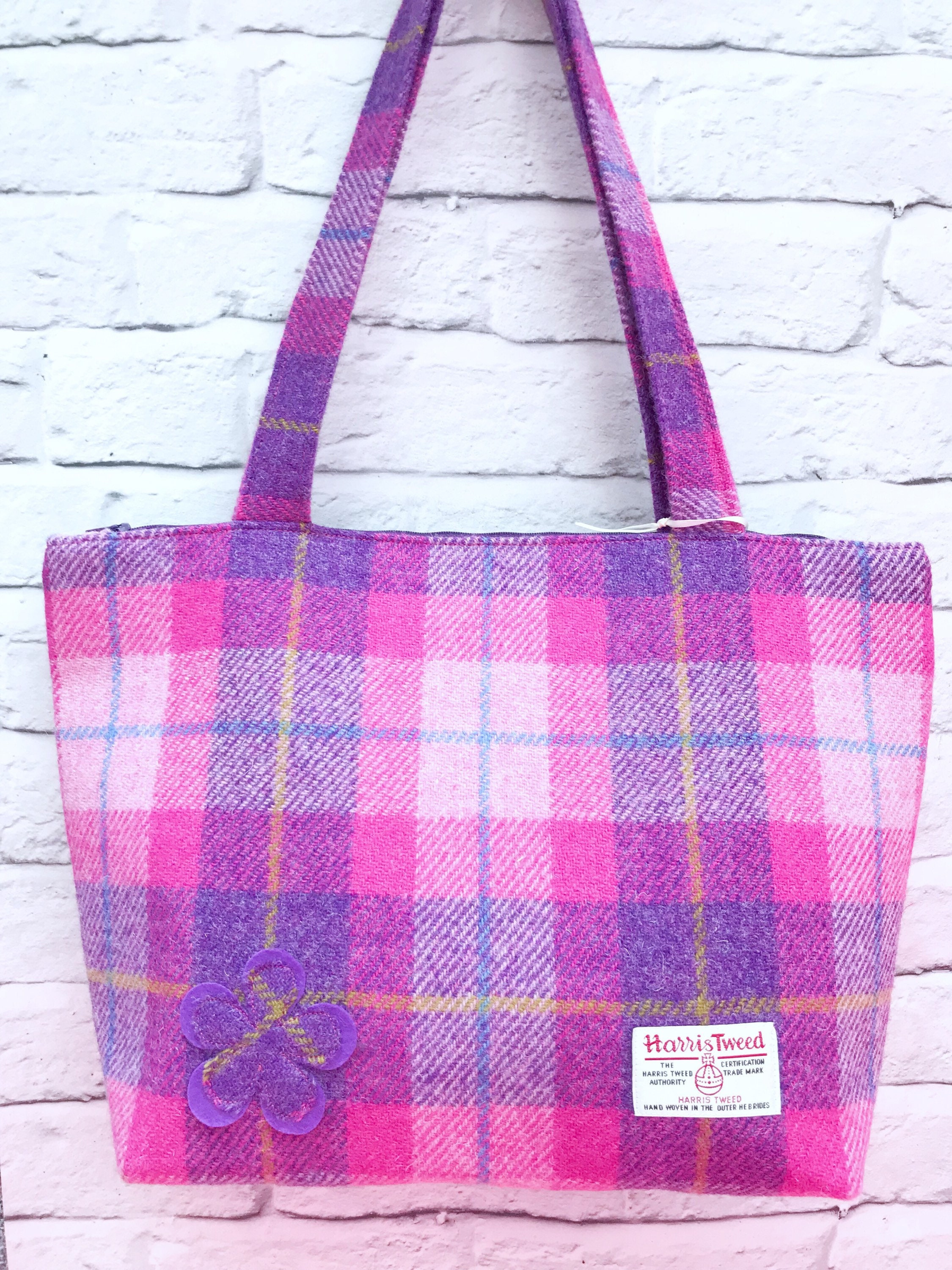 Scottish Harris Tweed A4 Tote Shopper Bag in Pink Purple Check
