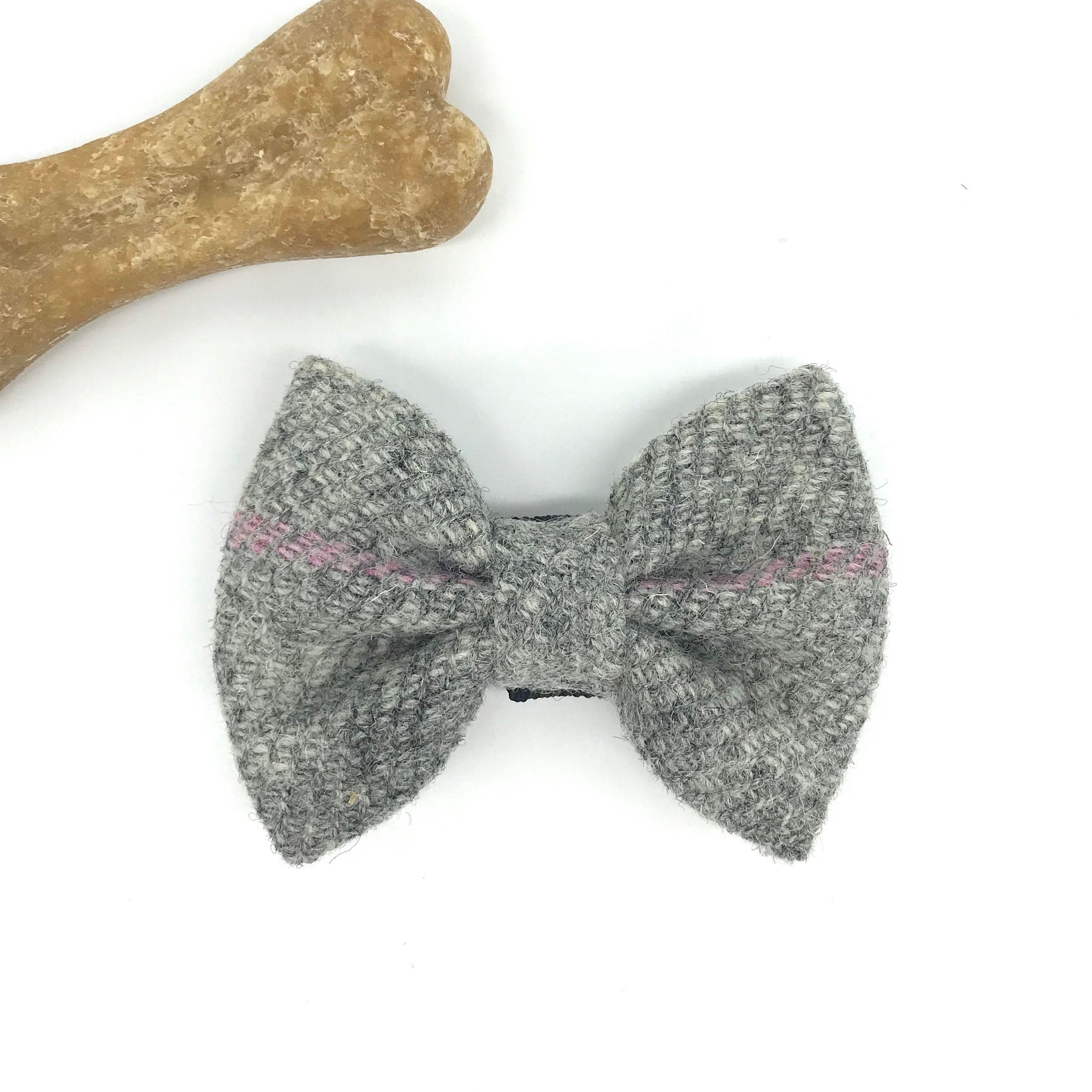 Harris Tweed® Bow Ties for Dog Collars in grey check with pink and blue | Scottish Tweed Dickie Bows for Dogs in gray check - Thumbnail 2