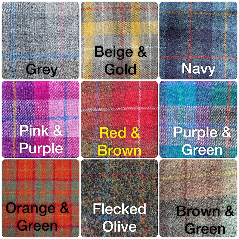 May include: Nine different tweed fabric swatches with various color combinations, including grey, beige and gold, navy, pink and purple, red and brown, purple and green, orange and green, flecked olive, and brown and green.