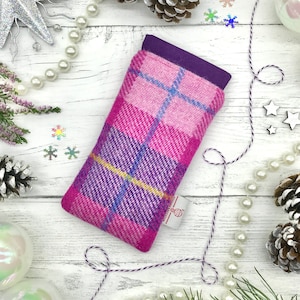 Scottish Harris Tweed® Glasses Case Flexi Top in Pink Purple check | Spectacle Sleeve | Tweed Sunglasses Case | Safe Secure Protected