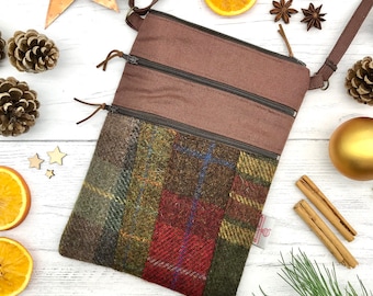 Scottish Harris Tweed® Patchwork and Canvas Bag  | Scottish Tweed Applique Shoulder Bag | Zipped Tweed and Canvas Brown Bag
