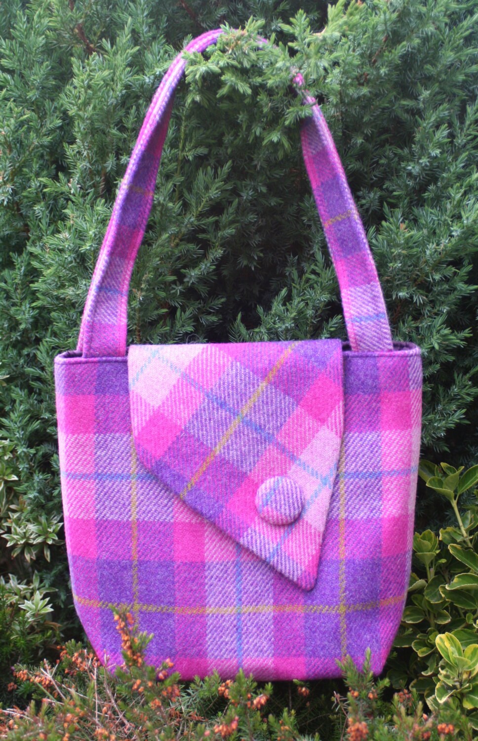 Scottish Harris Tweed® Asymmetric Tote in pink & purple check | Plaid Tweed Tote Bags | Tartan Tweed Tote Bags | Check Tweed Shoulder Bag