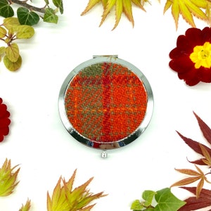Harris Tweed® Compact Mirror in Orange Green and Red Check | Scottish Tweed Handbag Make-up Mirror | Portable Pocket Folding Mirror Gift