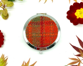 Harris Tweed® Espejo compacto en verde naranja y rojo cheque / espejo de maquillaje de bolso de tweed escocés / regalo de espejo plegable de bolsillo portátil