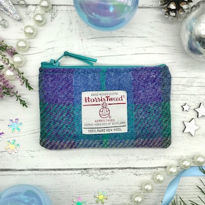 Harris Tweed® Coin Purse: Purple & Green Check, Scottish Wool Zipper Pouch