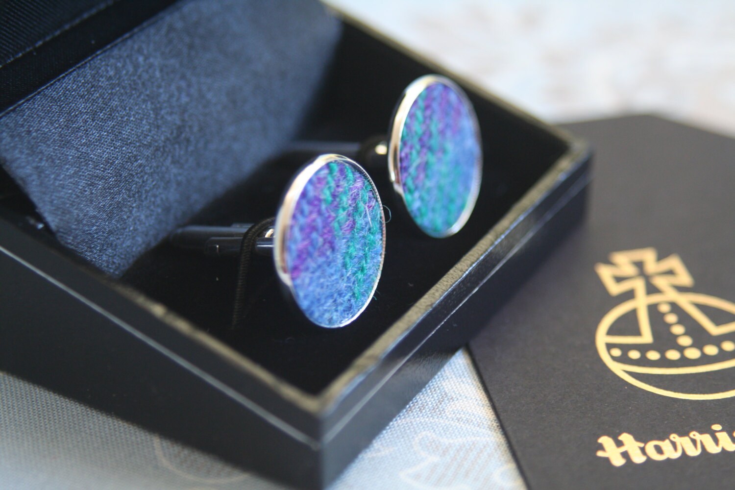 Purple, blue & green Harris tweed® silver plated cufflinks | Wedding Cuff links | Best Man Gift | Wedding Favours
