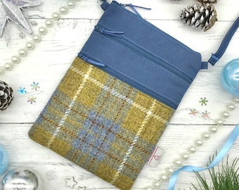 Scottish Harris Tweed® Yellow & Blue Canvas Bag | Scottish Tweed Shoulder Bag | 3 Zipped Tweed + Mustard Blue Taupe Canvas Bag | Travel Bag