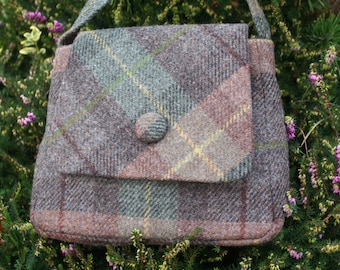 Scottish Harris Tweed® Handbag in brown and green check  | Scottish Tweed Bag with Adjustable Strap