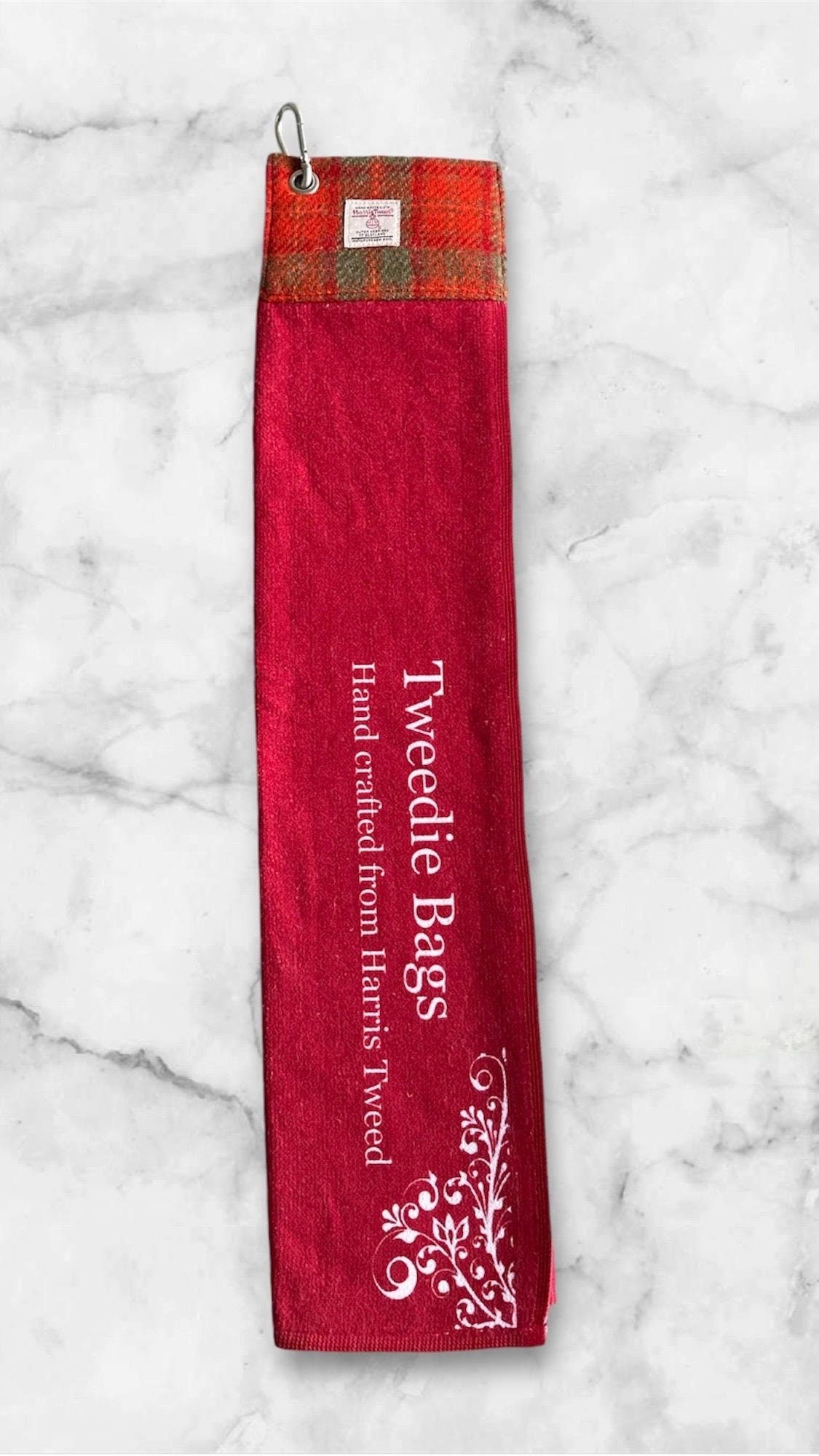 Orange Red & Green  Harris Tweed® Golf Towel | Harris Tweed® Velour Towel | Clip Velour Sports Towel | Scottish Tri-Folded Sports Towel
