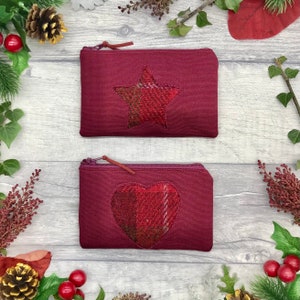 Portamonete con cerniera in tela rossa bordeaux e tweed / Portamonete con cerniera in tweed scozzese vino o cuore o stella / regalo scozzese