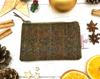 Scottish Harris Tweed® zipped coin purse in flecked olive check with seam label | Scottish tweed zipper purse | Scottish gift