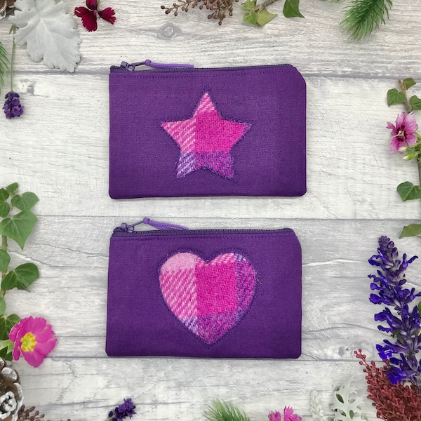 Tweed & Purple Canvas zipped coin purse | Scottish Tweed Heart or Star zipper purse | Scottish gift