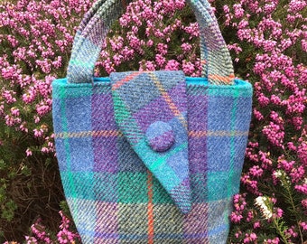 Purple Green Scottish Harris Tweed® Mini Tote Bag with asymmetric flap | Little Scottish Tote Bag | Clutch Wrist Tweed Tote Bag | Her Gift