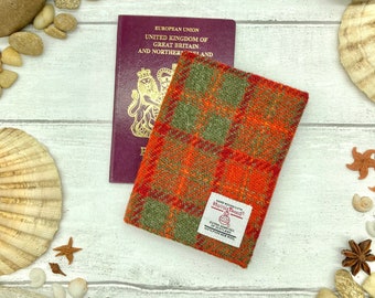 Harris Tweed® Passport cover orange red & green check / Traveller's Gift / Tartan Passport Holder / Scottish B7 book cover / Plaid Passport