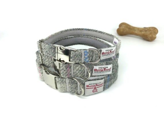 Scottish Harris Tweed Adjustable Dog Collar in Grey Gray Plaid