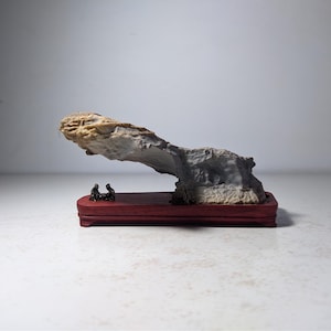 Può includere: Una formazione rocciosa naturale con una consistenza beige e grigia frastagliata e sporgente, montata su una base rettangolare in legno rosso scuro. Due piccole figure metalliche scure sono sedute sulla base sotto la sporgenza.