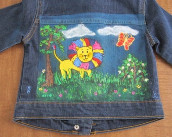 Colorful Lion Hand painted Jacket Girl's size XS denim jean wearable art airbrushed hand painted