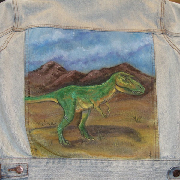 Albertosaurus dinosaur hand painted denim jacket womens size small OOAK wearable art Forever 21 jean jacket