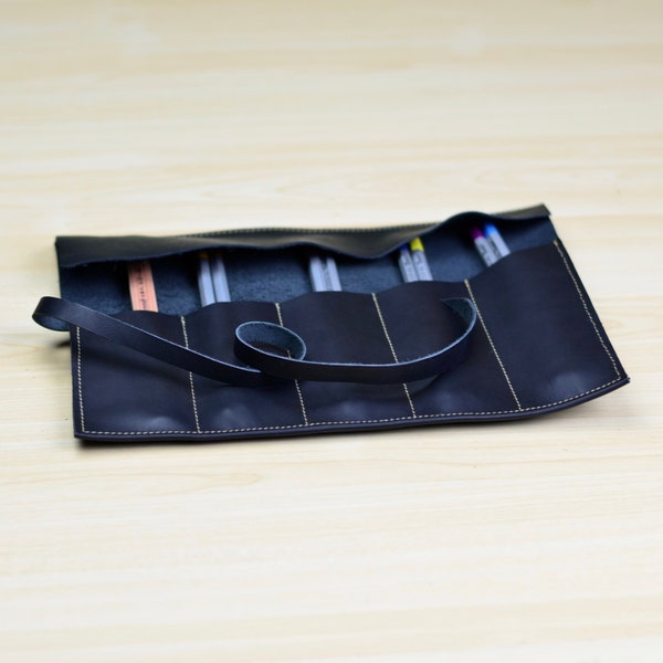 Leather Pencil Roll, Artist Roll, Pencil Case, Rollup Leather Case, Tool Roll, Personalized Artist Gift - Black