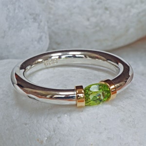 Peridot gem in eco silver suspended gemstone lime green engagement ring wedding gift for her minimalist handmade design August birthstone