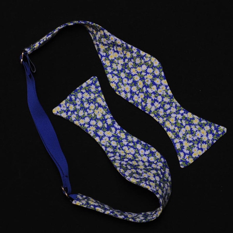 Vintage Yellow and Blue Floral Design Fabric Self-Tie or Pre-Tied Bow Tie with Optional Matching Pocket Square