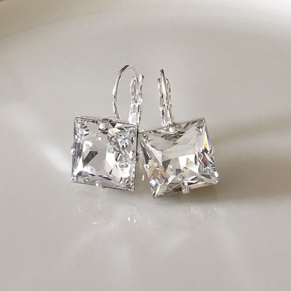 Square drop crystal earrings, 12mm, simple, bridal earrings, wedding earrings, bridesmaid gift, wedding jewelry, geo