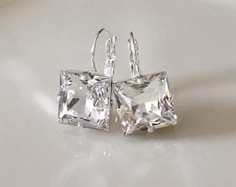 Square drop crystal earrings, 12mm, simple, bridal earrings, wedding earrings, bridesmaid gift, wedding jewelry, geo