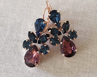 Burgundy and navy blue crystal earrings, long earrings, rose gold, bridesmaid gift, chandelier earrings, bridal, something blue, wine, blue