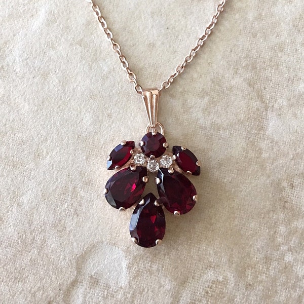 Garnet crystal rhinestone necklace, crystal bridal necklace, pendant, leaf, leaves, vintage wedding, rose gold, pendant, January birthstone