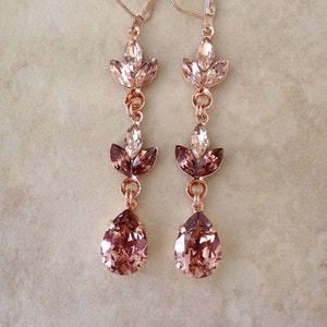 Morganite pink, light burgundy, long crystal earrings, crystal leaf earrings, chandelier, pear, wedding jewelry, long earrings