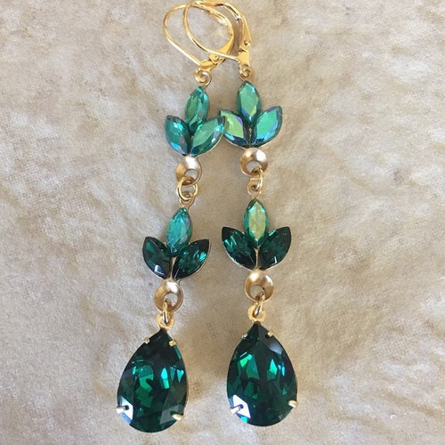 Emerald Green Crystal Earrings Crystal Leaf Earrings - Etsy