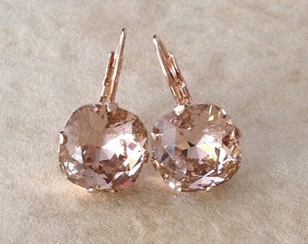 Morganite pink 12mm cushion cut Swarovski crystal earrings, blush, pink, rose gold, silver, dangle, drop, bridal, rose quartz