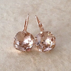 Morganite pink 12mm cushion cut Swarovski crystal earrings, blush, pink, rose gold, silver, dangle, drop, bridal, rose quartz