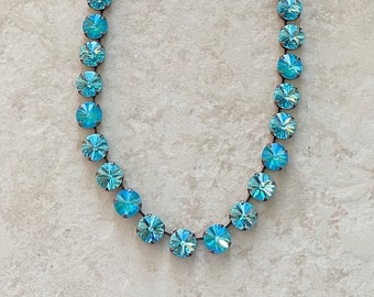 Teal crystal necklace, 12mm Swarovski crystals, bridesmaid gift, large statement tennis necklace, collet, riviere, Anna Wintour